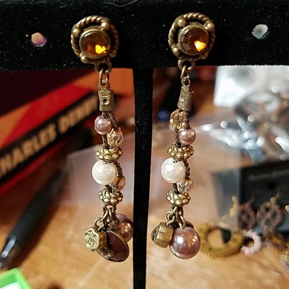 Antique Gold Bronze Beaded Dangle Earrings 2.25"